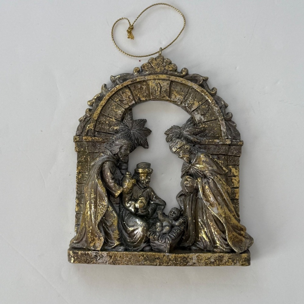 Nativity Scene Hanging Ornament Gold & Silver Finish Depicting Holy Family & Mag
